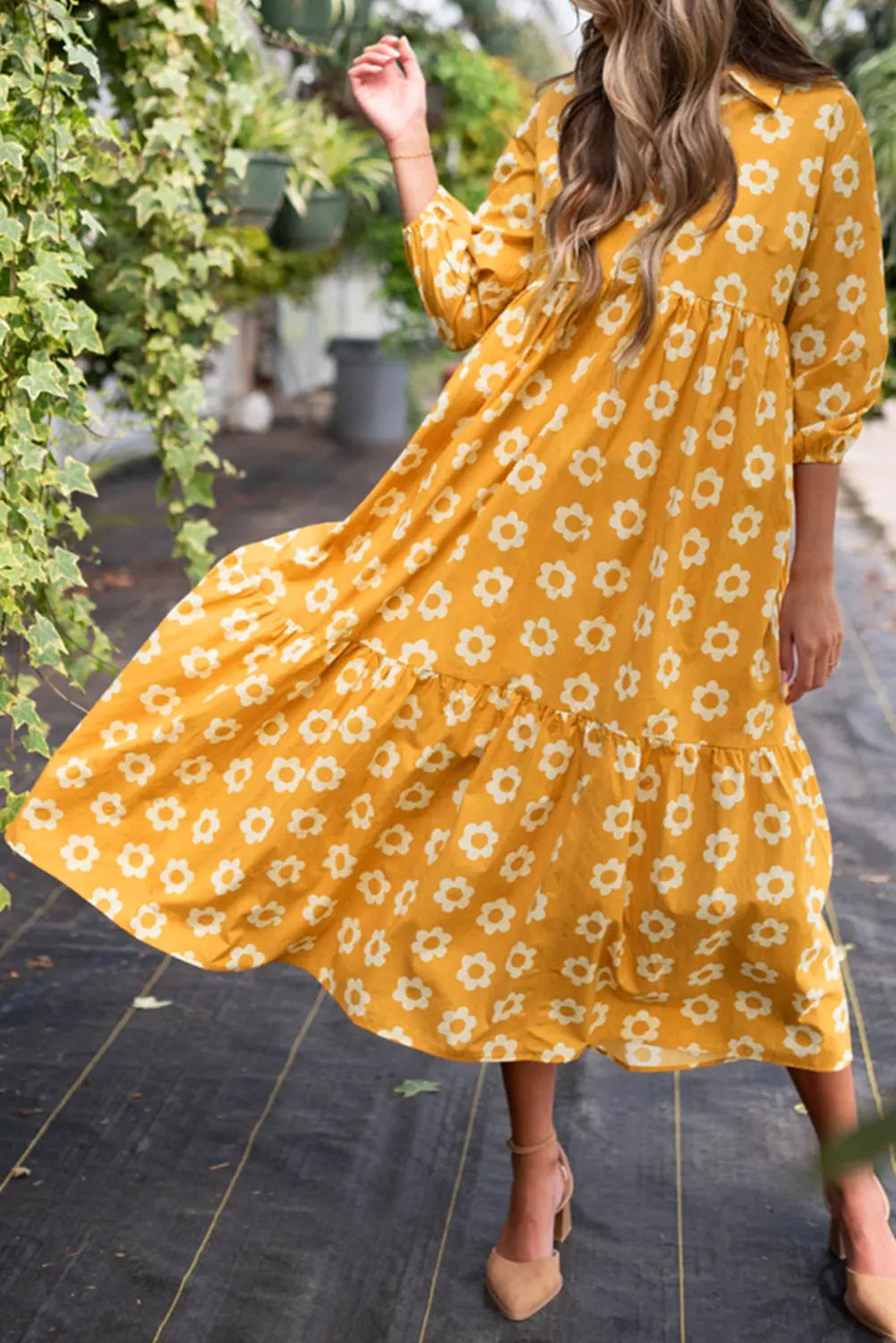 Flower Print Bracelet Sleeve Buttons Collared Maxi Dress eAura