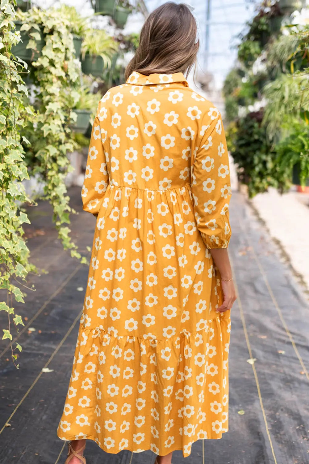 Flower Print Bracelet Sleeve Buttons Collared Maxi Dress eAura