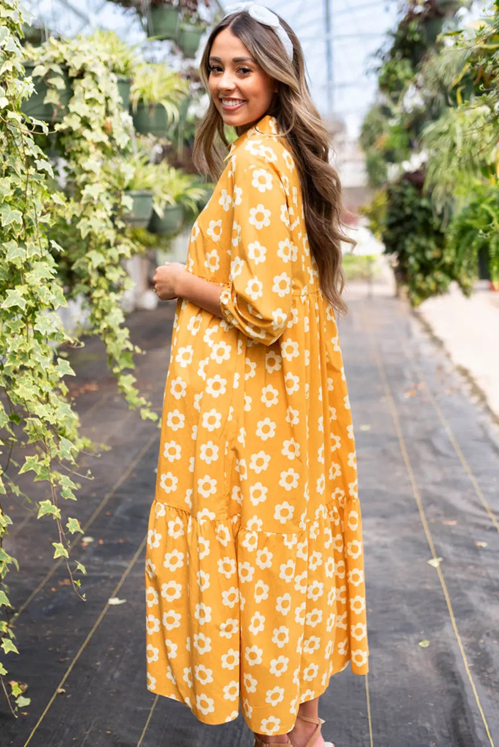 Flower Print Bracelet Sleeve Buttons Collared Maxi Dress eAura