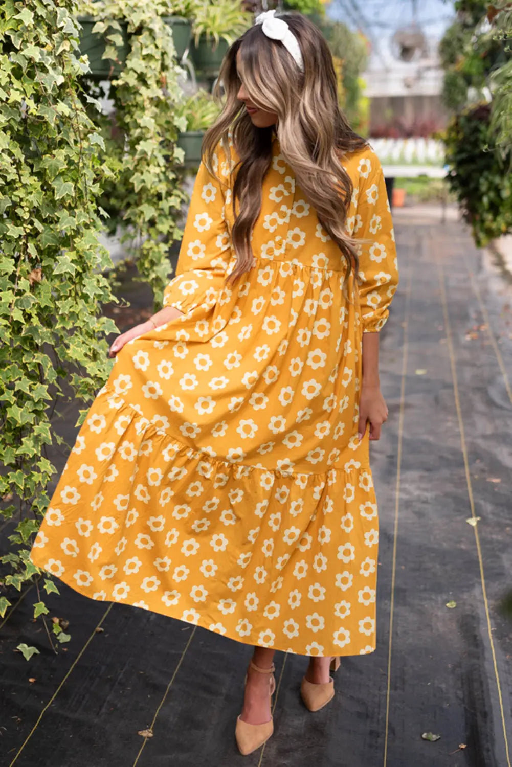 Flower Print Bracelet Sleeve Buttons Collared Maxi Dress eAura