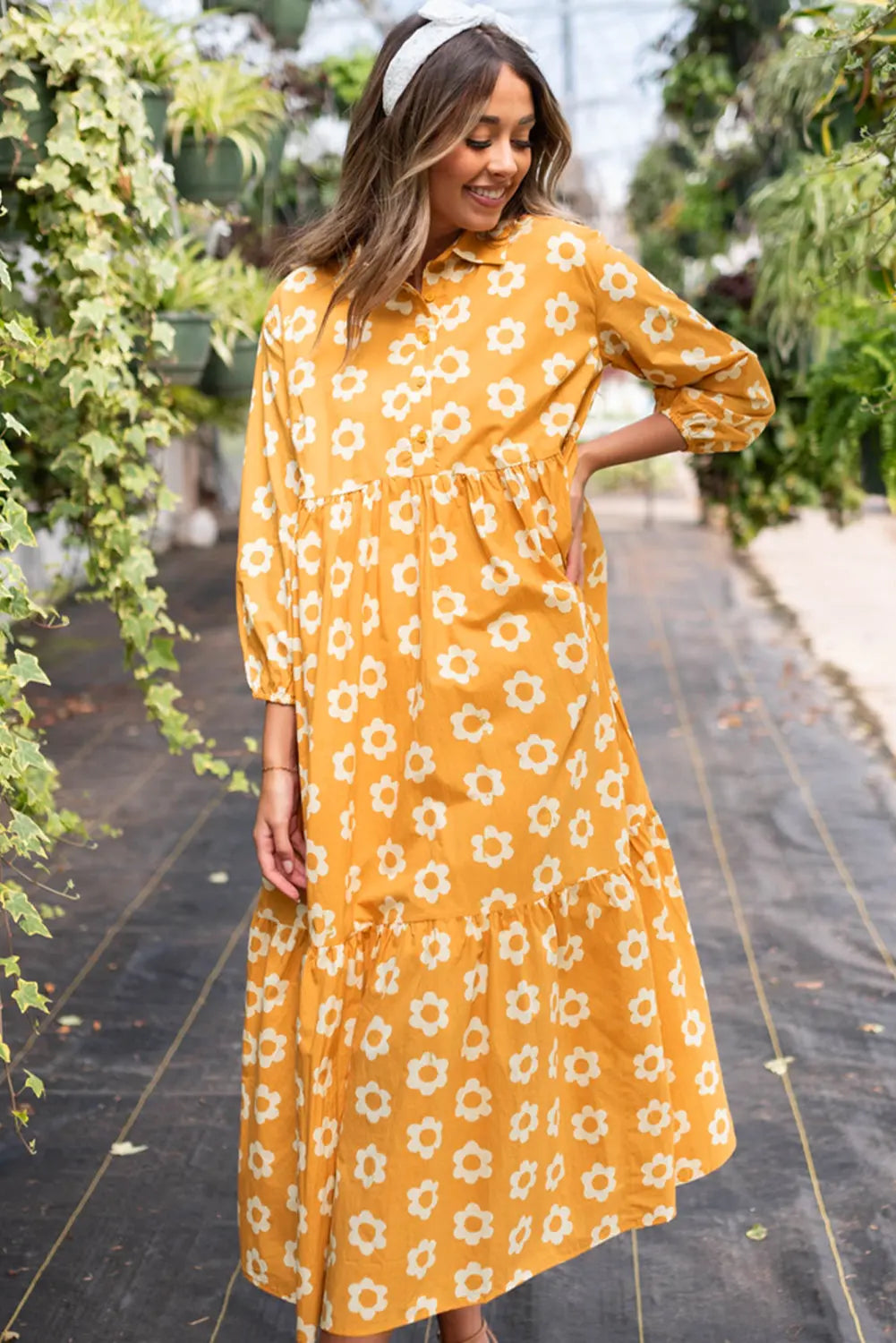 Flower Print Bracelet Sleeve Buttons Collared Maxi Dress eAura