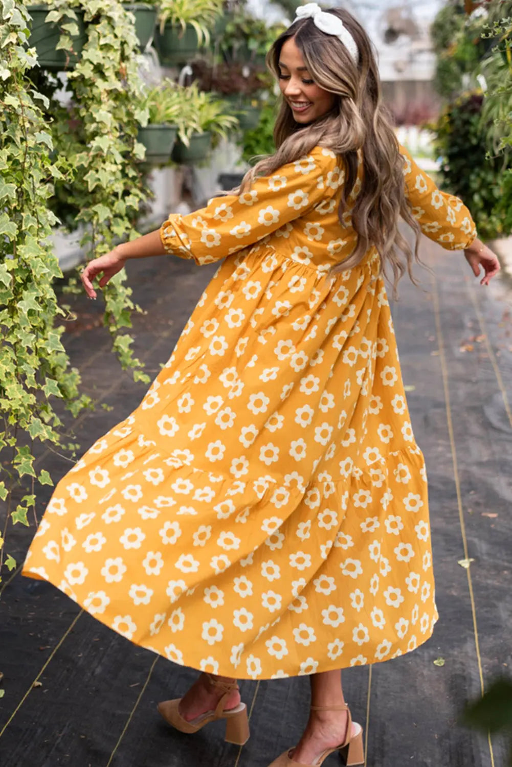 Flower Print Bracelet Sleeve Buttons Collared Maxi Dress eAura