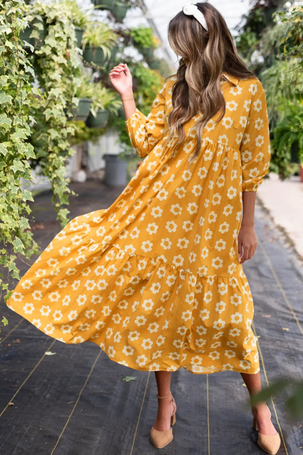 Flower Print Bracelet Sleeve Buttons Collared Maxi Dress eAura