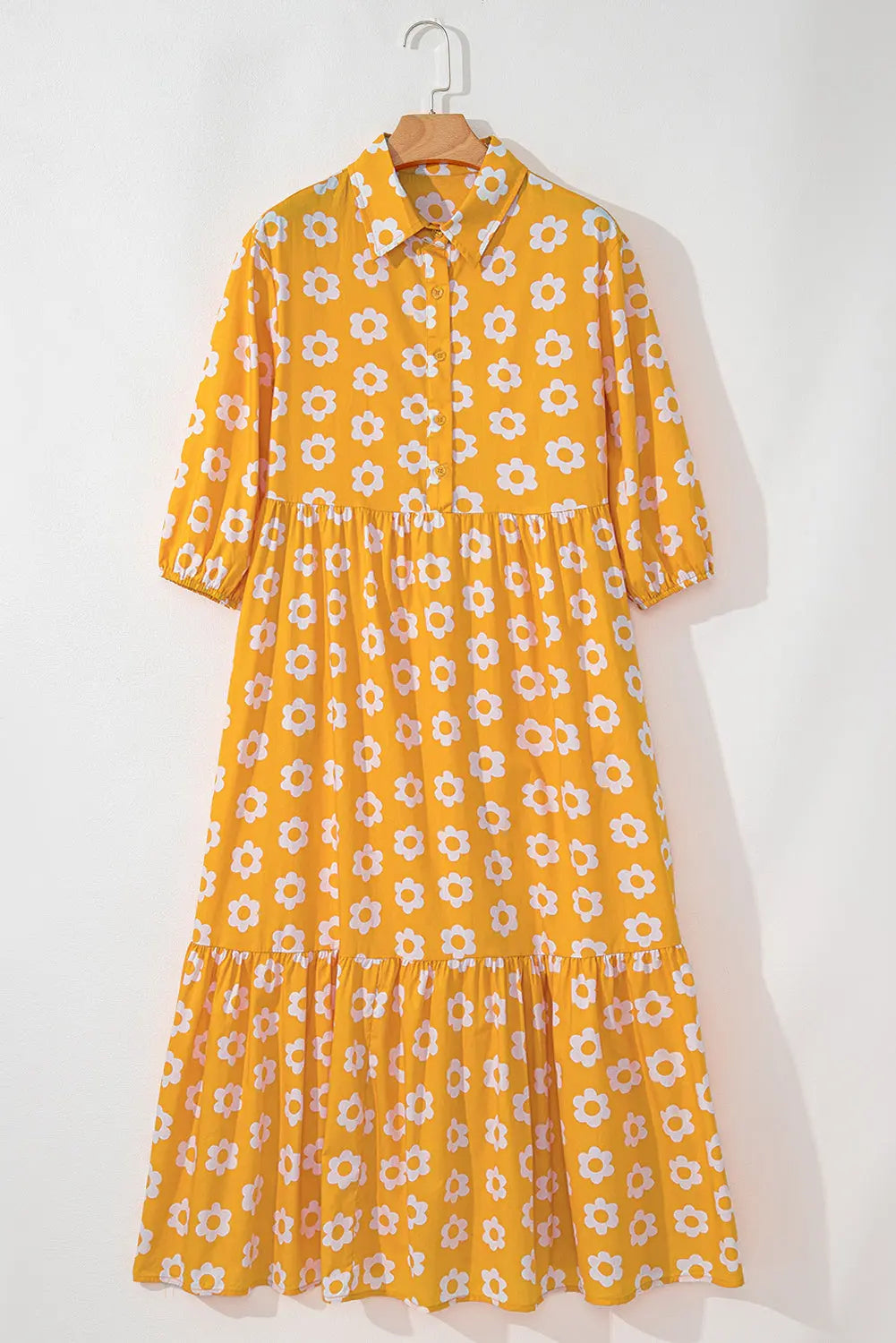 Flower Print Bracelet Sleeve Buttons Collared Maxi Dress eAura