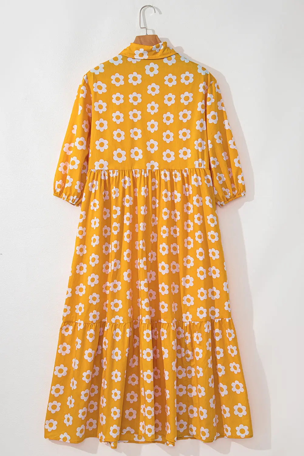 Flower Print Bracelet Sleeve Buttons Collared Maxi Dress eAura