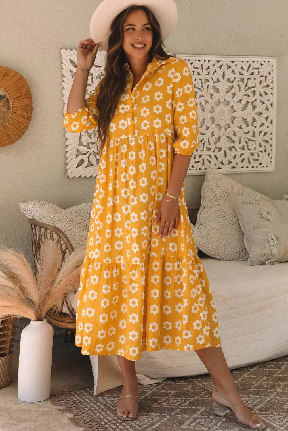 Flower Print Bracelet Sleeve Buttons Collared Maxi Dress eAura