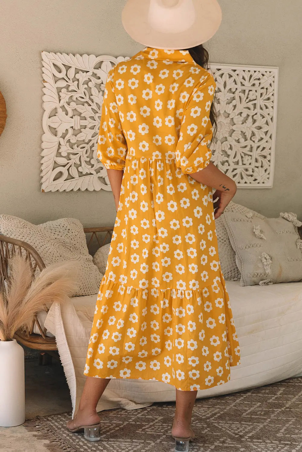 Flower Print Bracelet Sleeve Buttons Collared Maxi Dress eAura