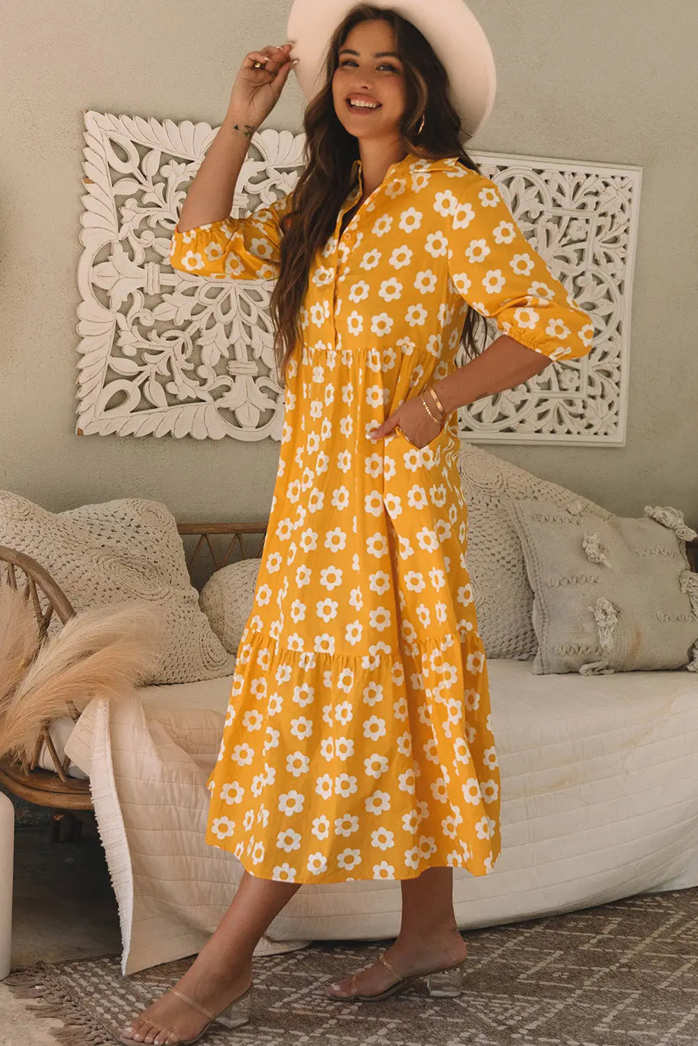 Flower Print Bracelet Sleeve Buttons Collared Maxi Dress eAura