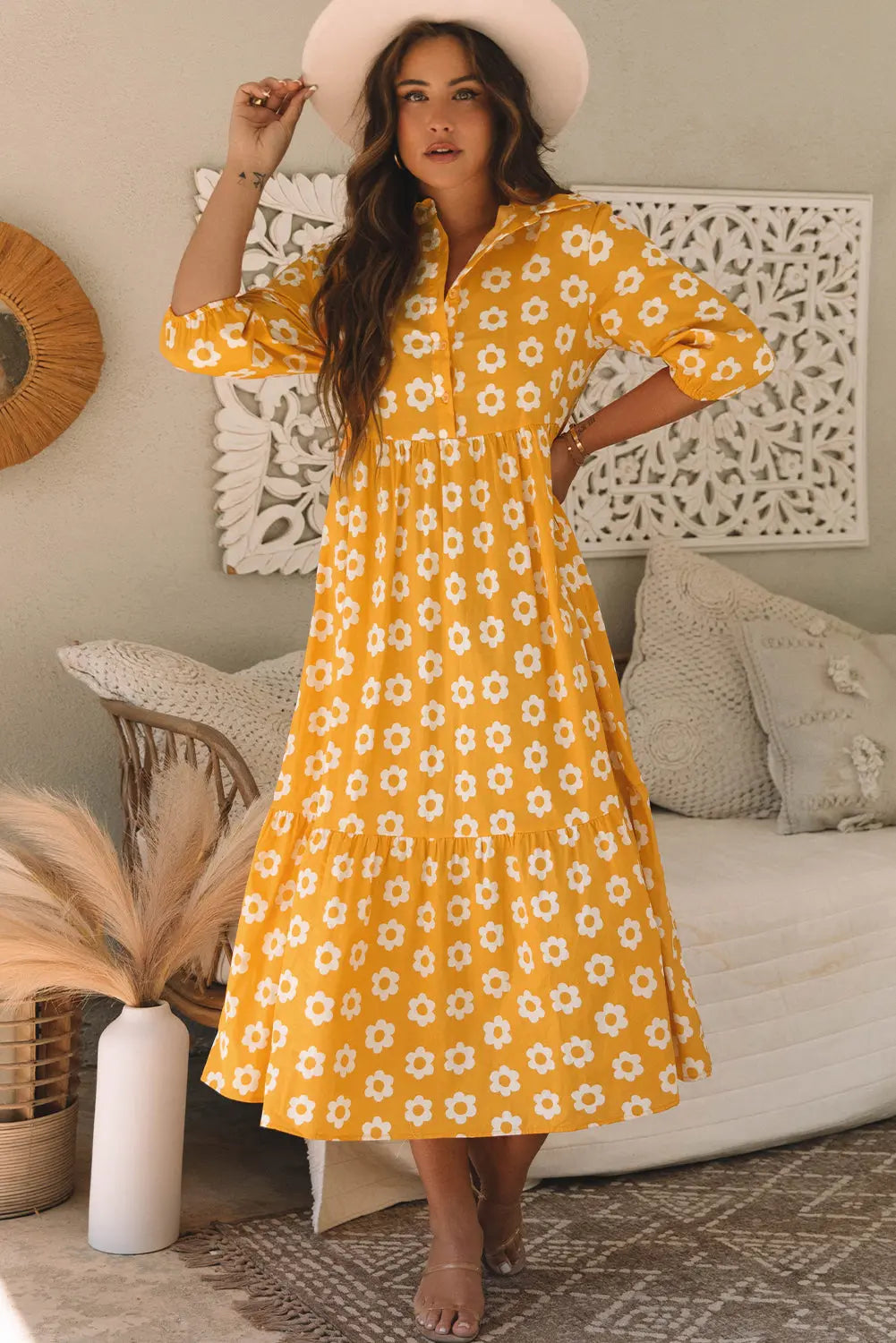 Flower Print Bracelet Sleeve Buttons Collared Maxi Dress eAura