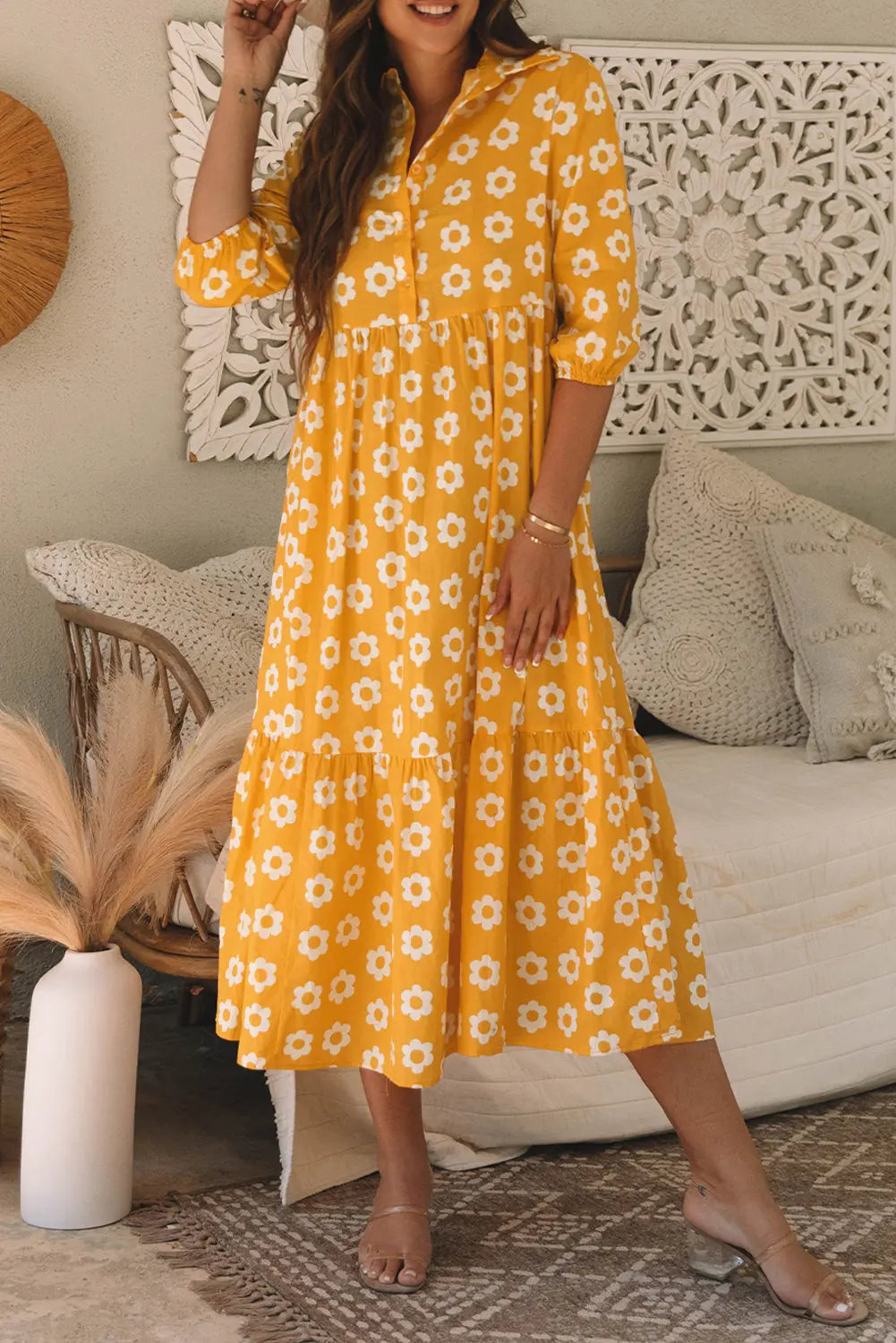 Flower Print Bracelet Sleeve Buttons Collared Maxi Dress eAura