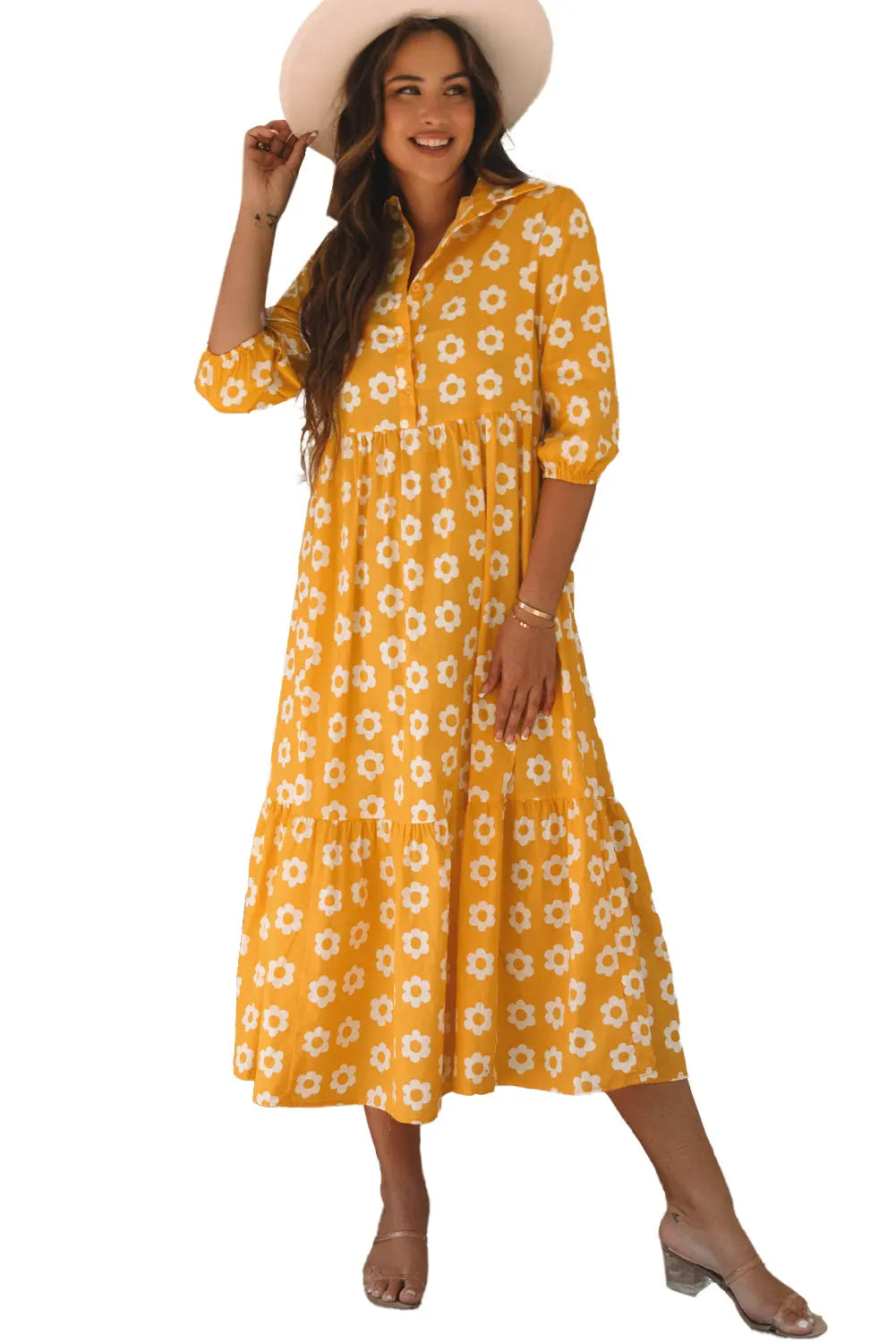 Flower Print Bracelet Sleeve Buttons Collared Maxi Dress eAura