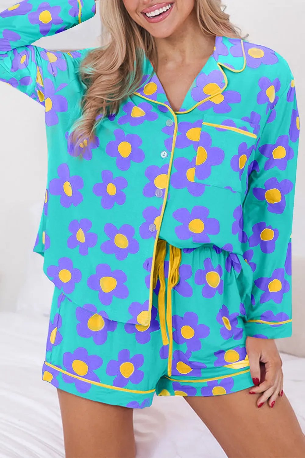 Flower Print Long Sleeve Shirt Shorts Pyjamas Set