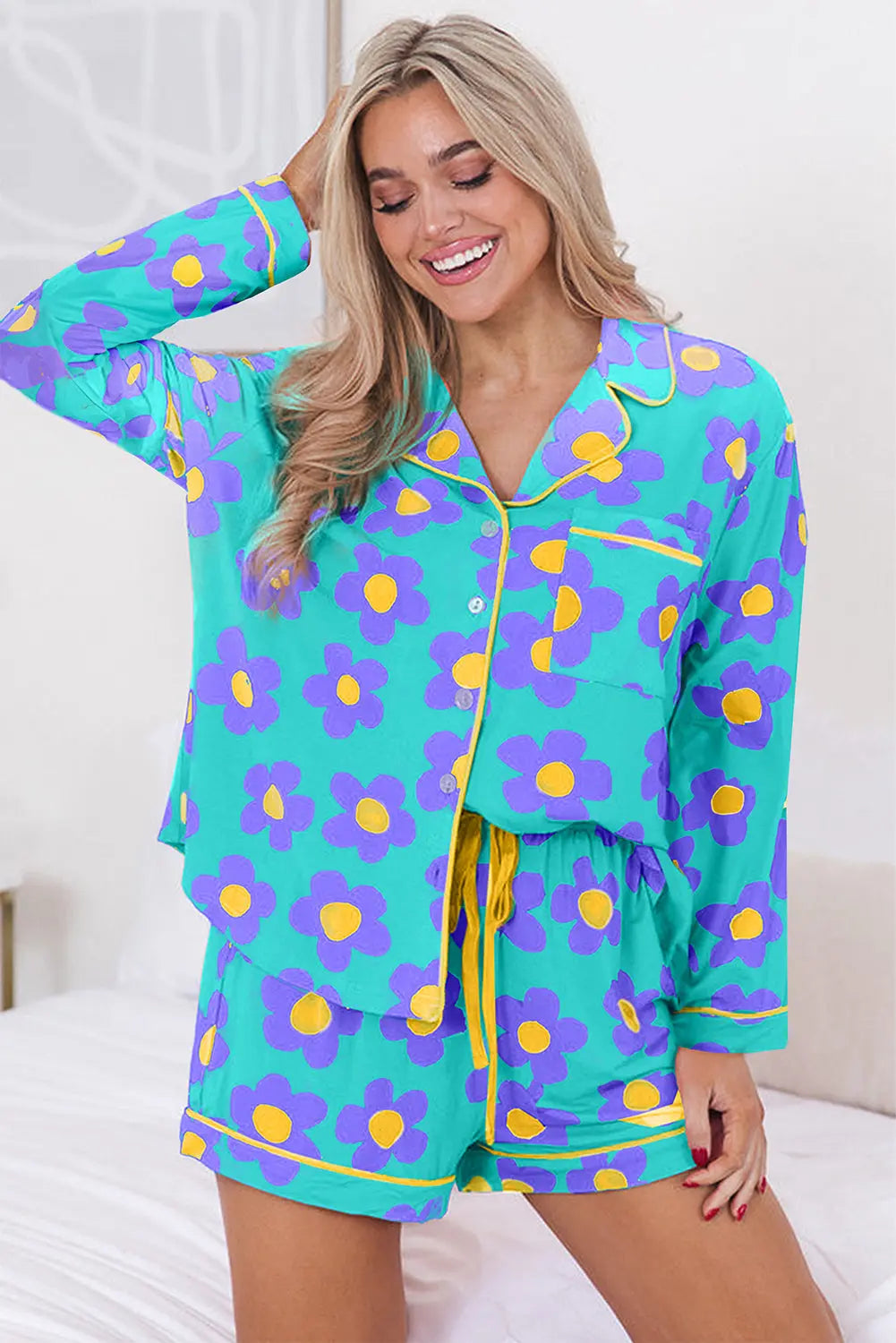 Flower Print Long Sleeve Shirt Shorts Pyjamas Set eAura