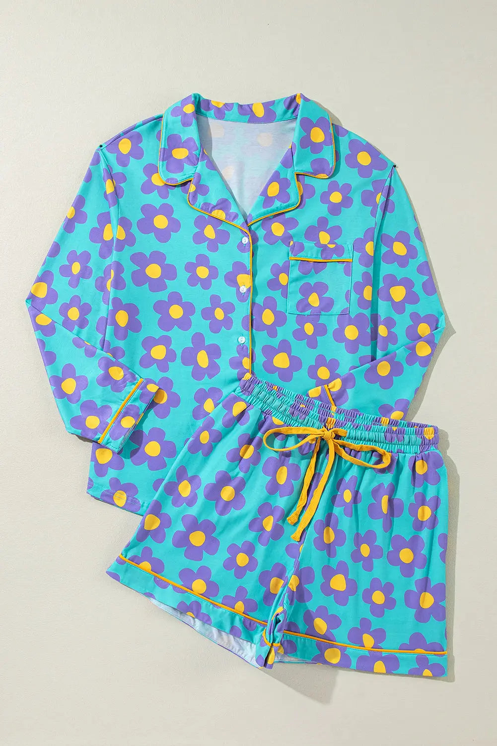 Flower Print Long Sleeve Shirt Shorts Pyjamas Set eAura