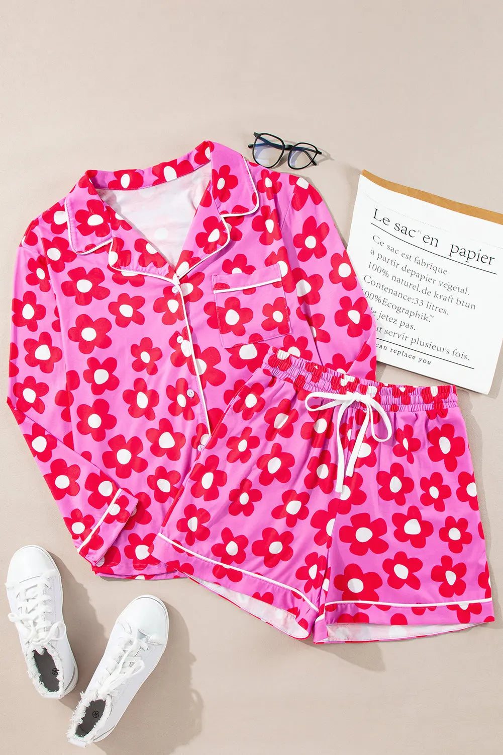Flower Print Long Sleeve Shirt Shorts Pyjamas Set eAura