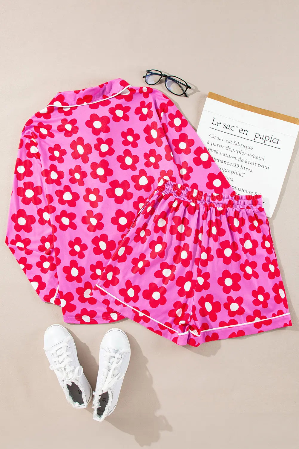 Flower Print Long Sleeve Shirt Shorts Pyjamas Set eAura