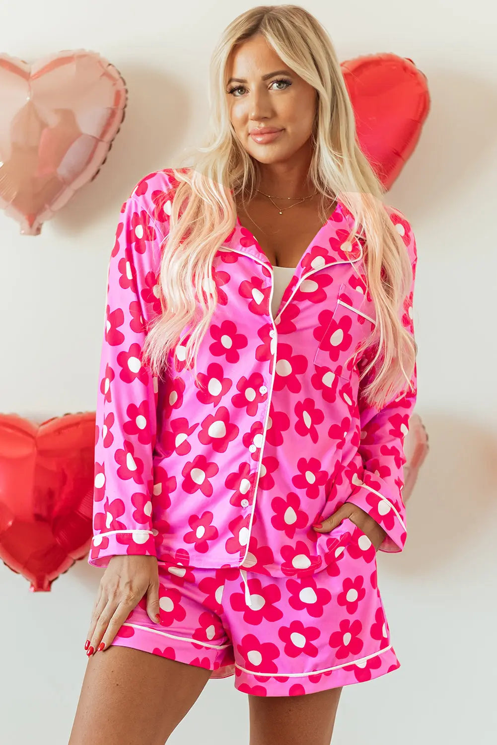 Flower Print Long Sleeve Shirt Shorts Pyjamas Set eAura