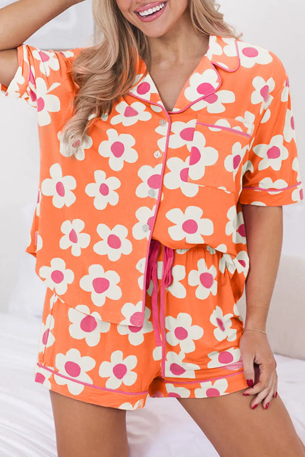 Flower Print Short Sleeve Shirt Pyjamas Set eAura