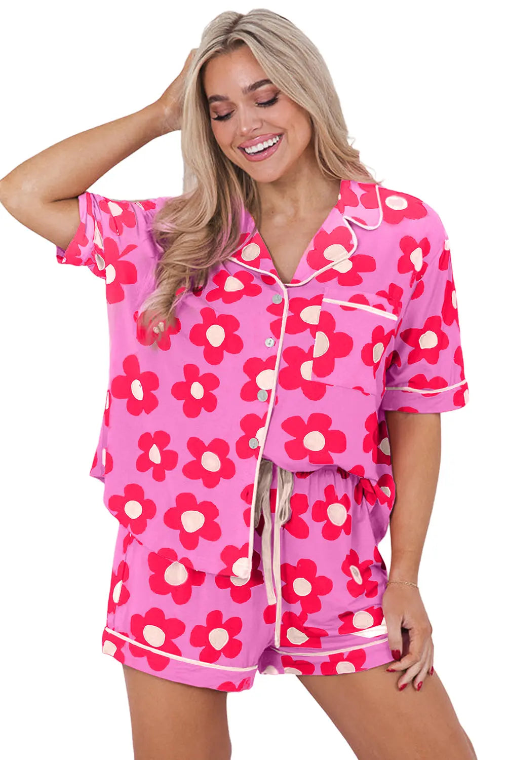 Flower Print Short Sleeve Shirt Pyjamas Set eAura