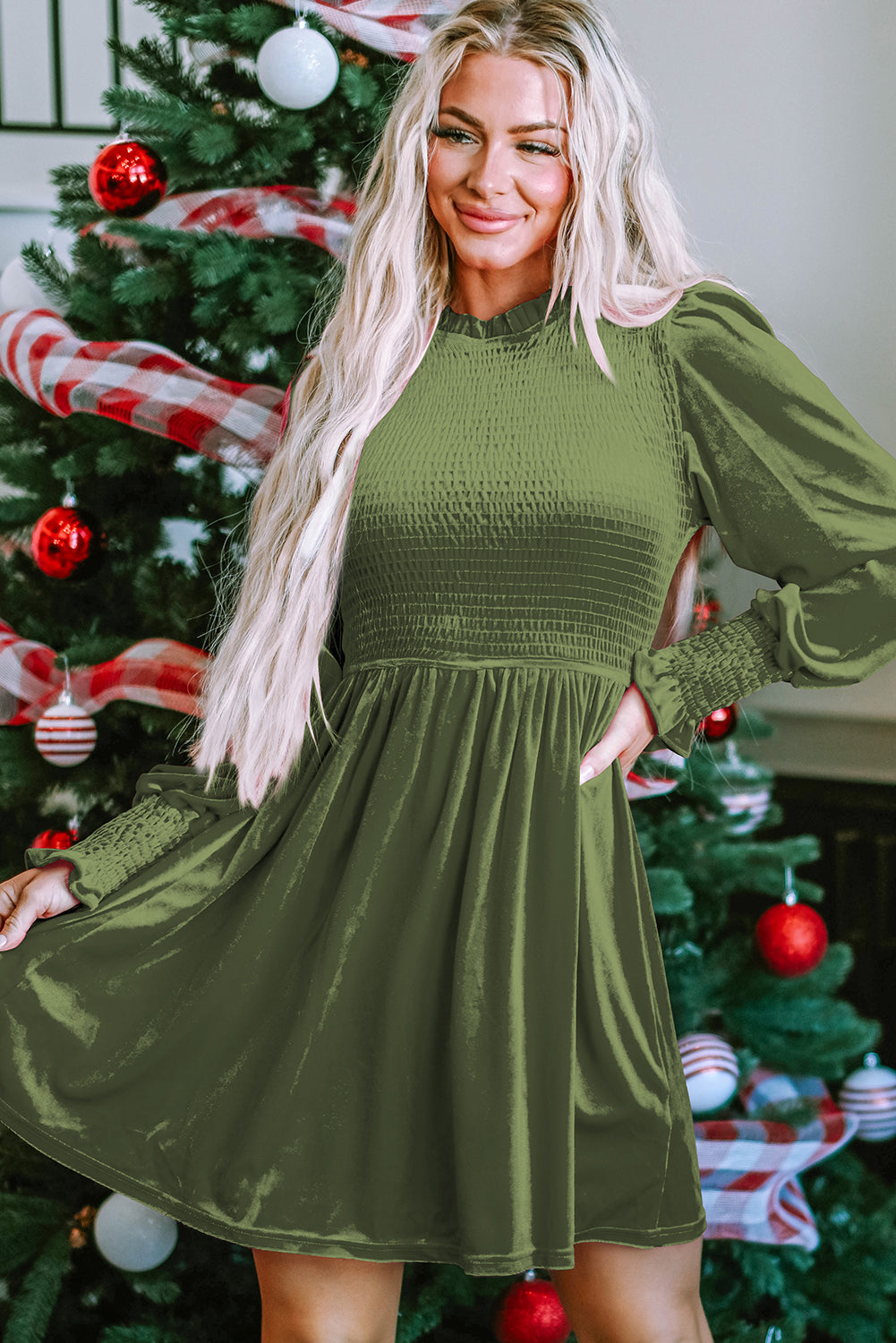 Frilled Neck Smocked Bodice Velvet Dress - Green / S / 95% POLYESTER + 5% ELASTANE - Dresses/Mini Dresses