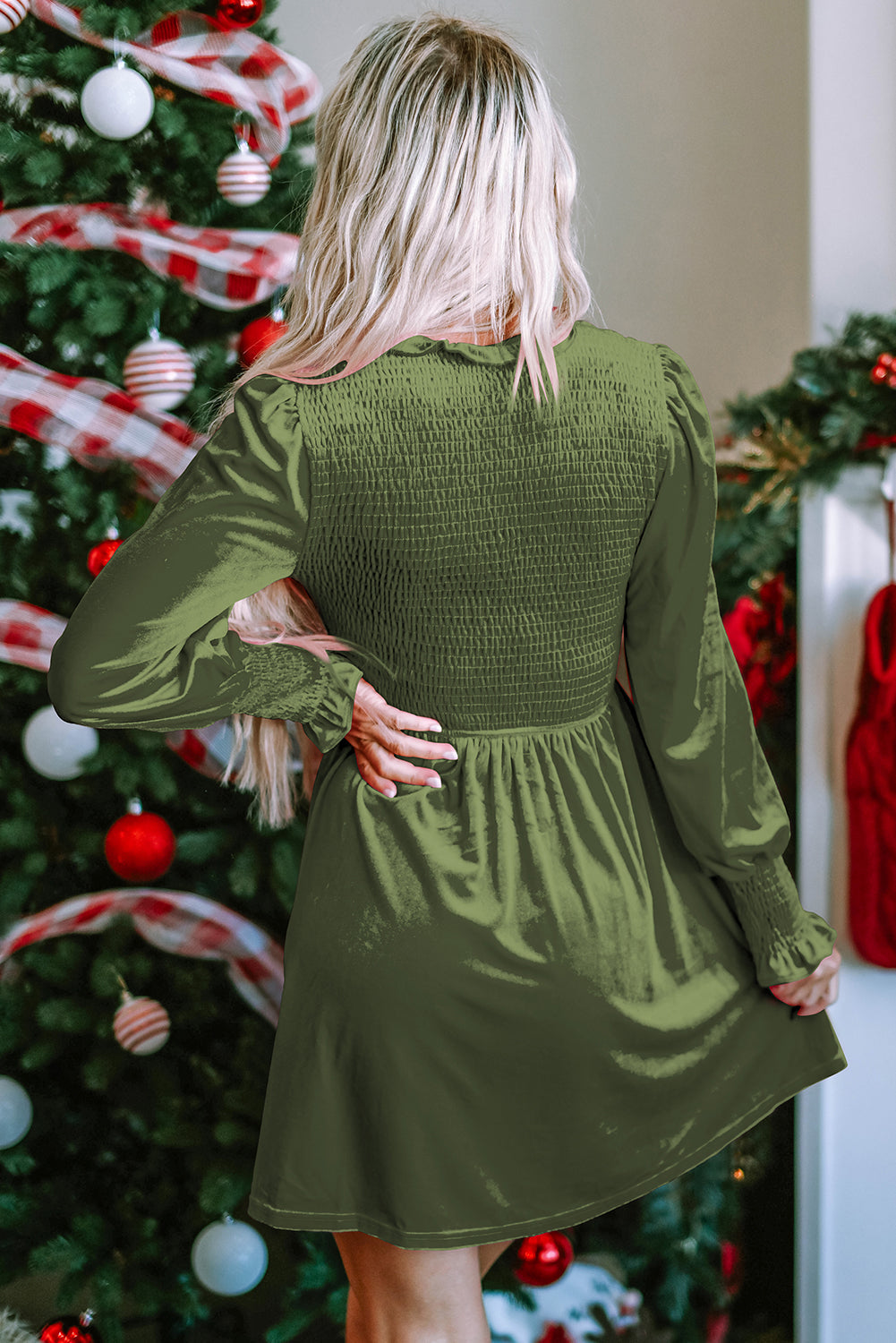 Frilled Neck Smocked Bodice Velvet Dress - Dresses/Mini Dresses