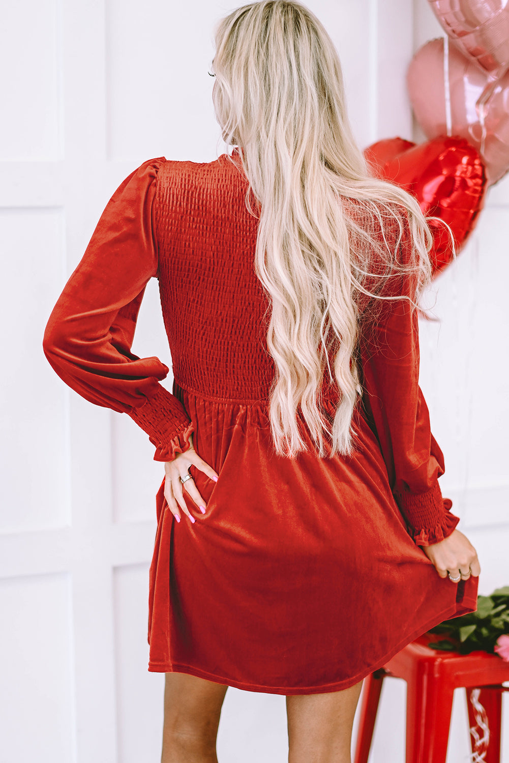 Frilled Neck Smocked Bodice Velvet Dress - Dresses/Mini Dresses