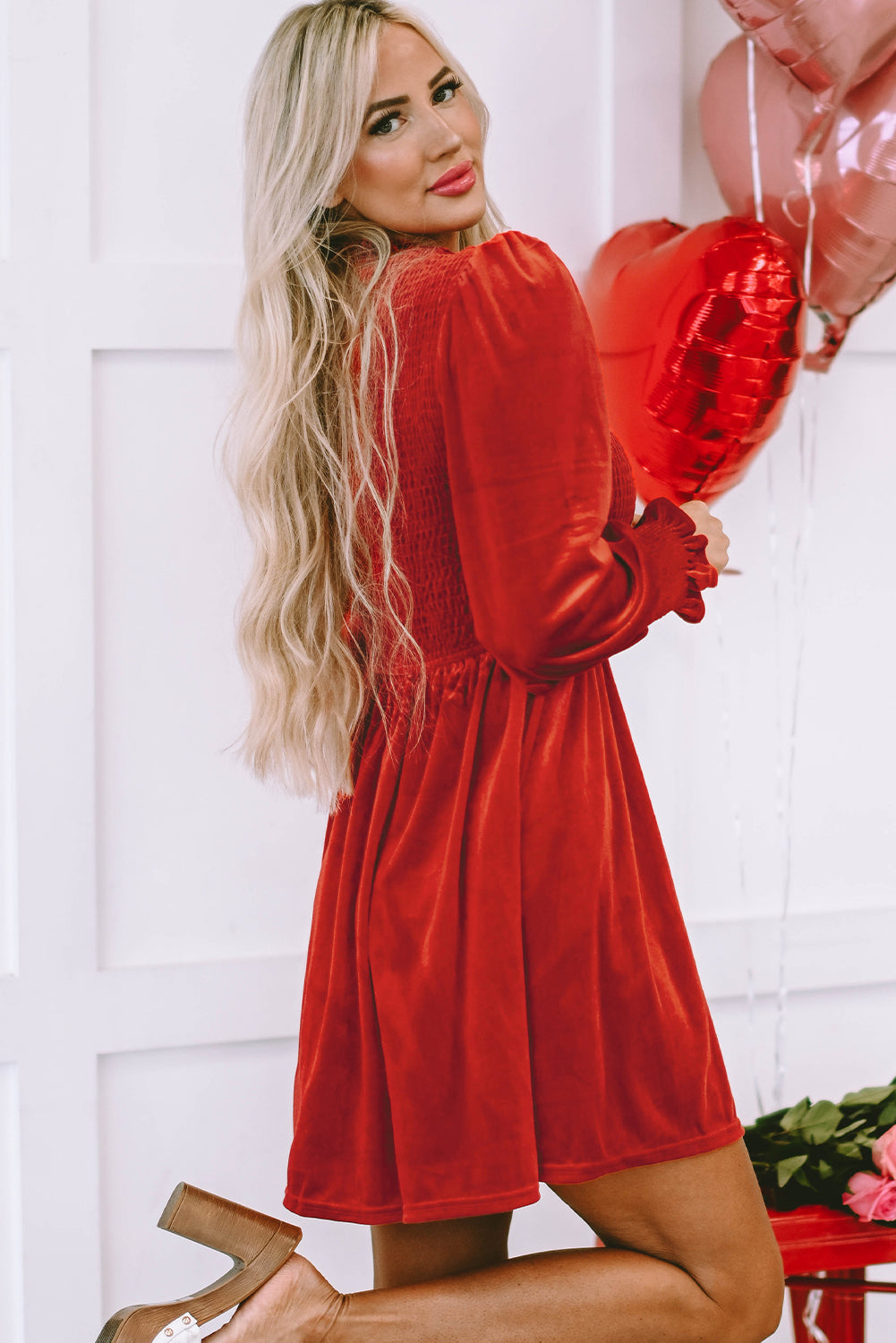Frilled Neck Smocked Bodice Velvet Dress - Dresses/Mini Dresses