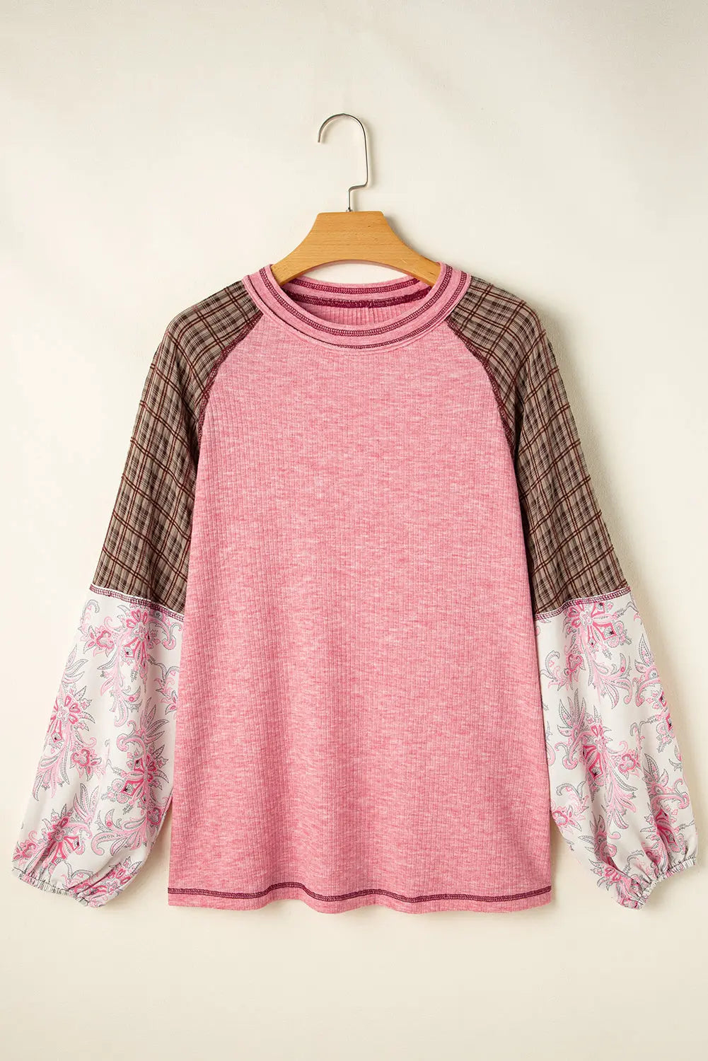 Fushia Mixed Print Patchwork Raglan Ribbed Knit Top - eAura