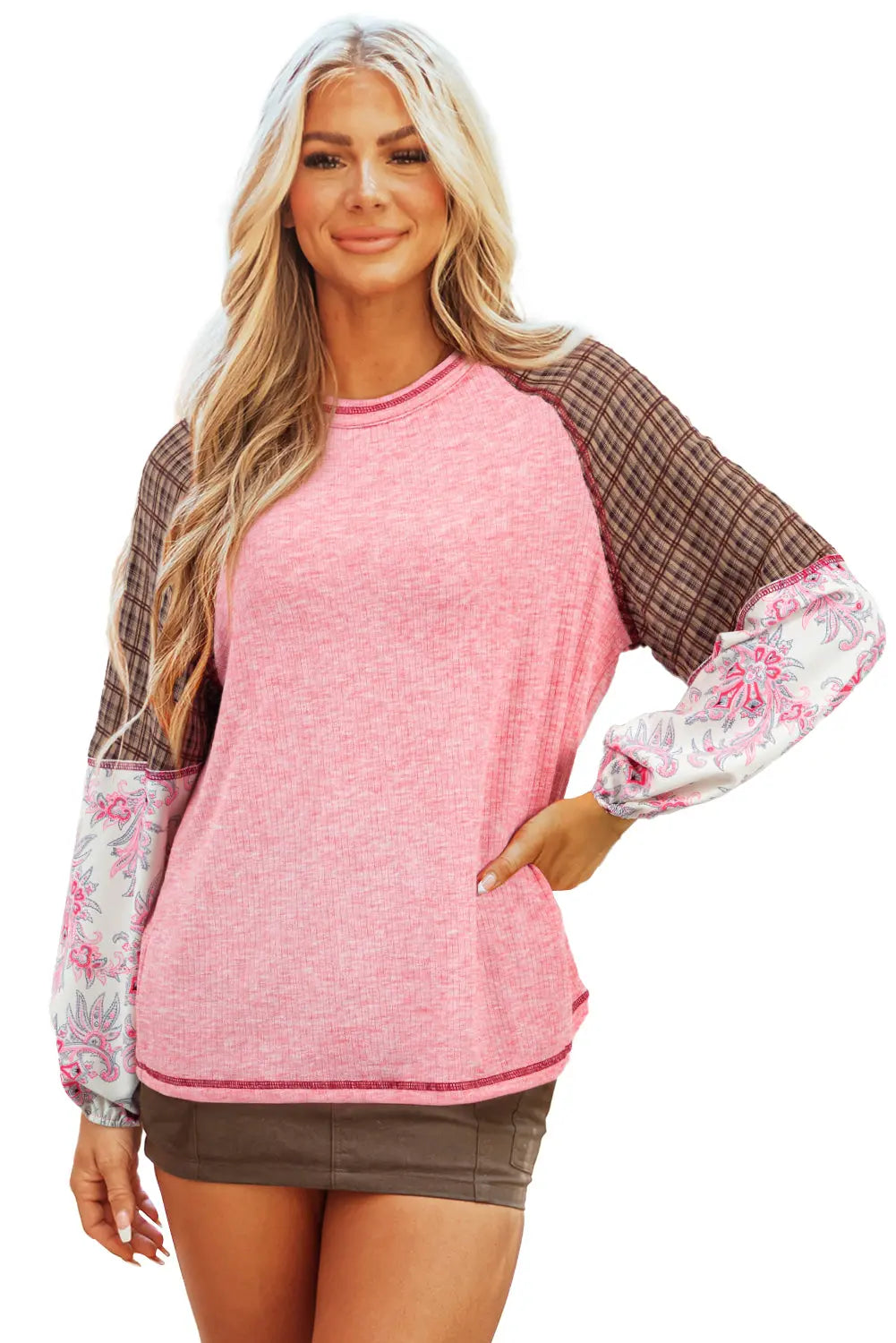 Fushia Mixed Print Patchwork Raglan Ribbed Knit Top - eAura