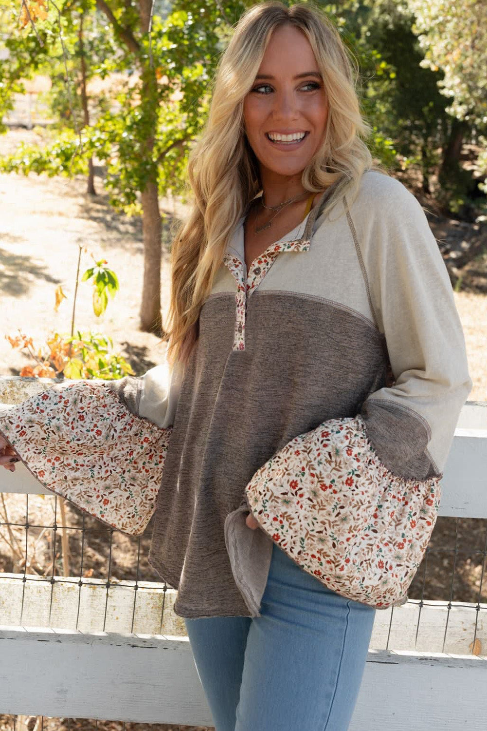 Goat Colourblock Floral Patchwork Flared Sleeve Buttons Henley Top - eAura