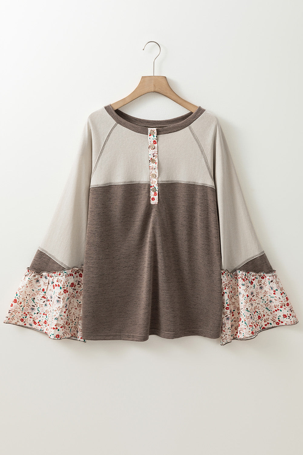 Goat Colourblock Floral Patchwork Flared Sleeve Buttons Henley Top - eAura