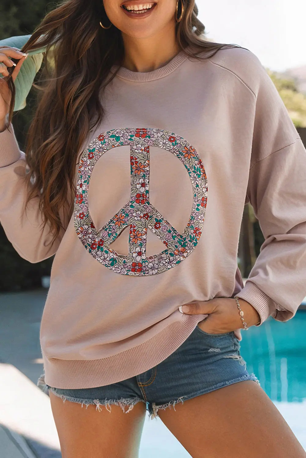 Goat Floral Peace Symbol Drop Shoulder Sweatshirt Beagle Boutique Fashion Outlet