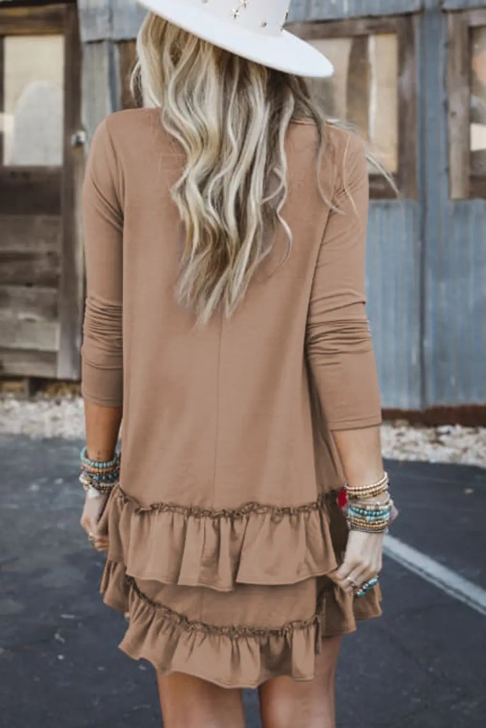 Goat Scoop Neck Tiered Ruffled Hem Long Sleeve Mini Dress Beagle Boutique Fashion Outlet