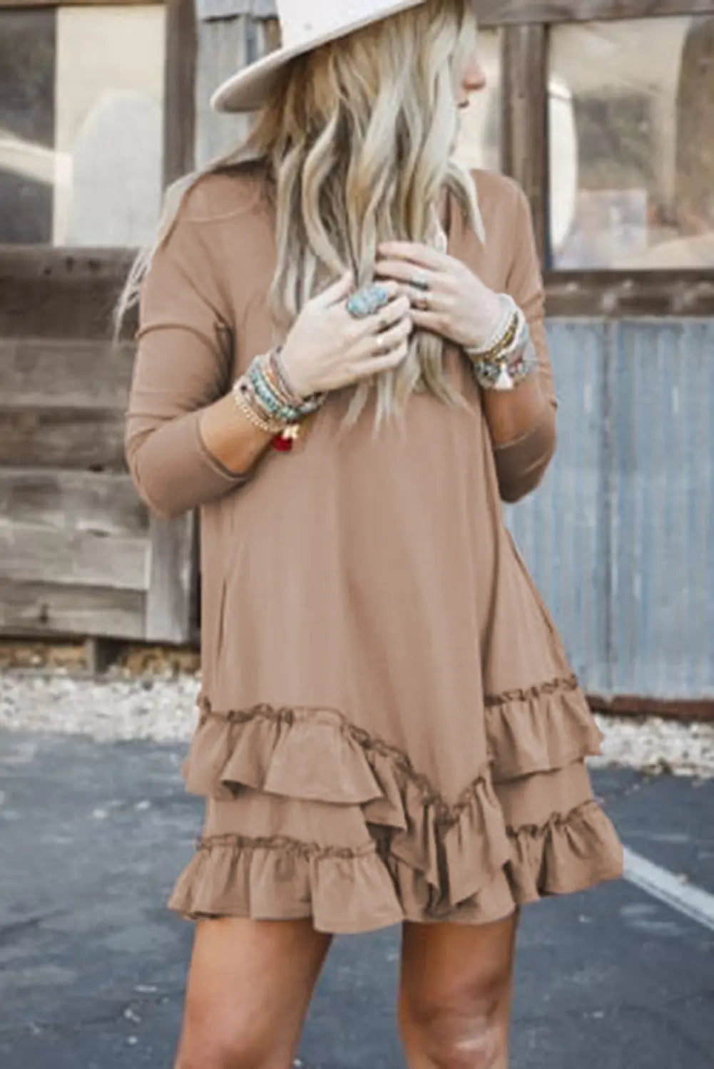 Goat Scoop Neck Tiered Ruffled Hem Long Sleeve Mini Dress Beagle Boutique Fashion Outlet