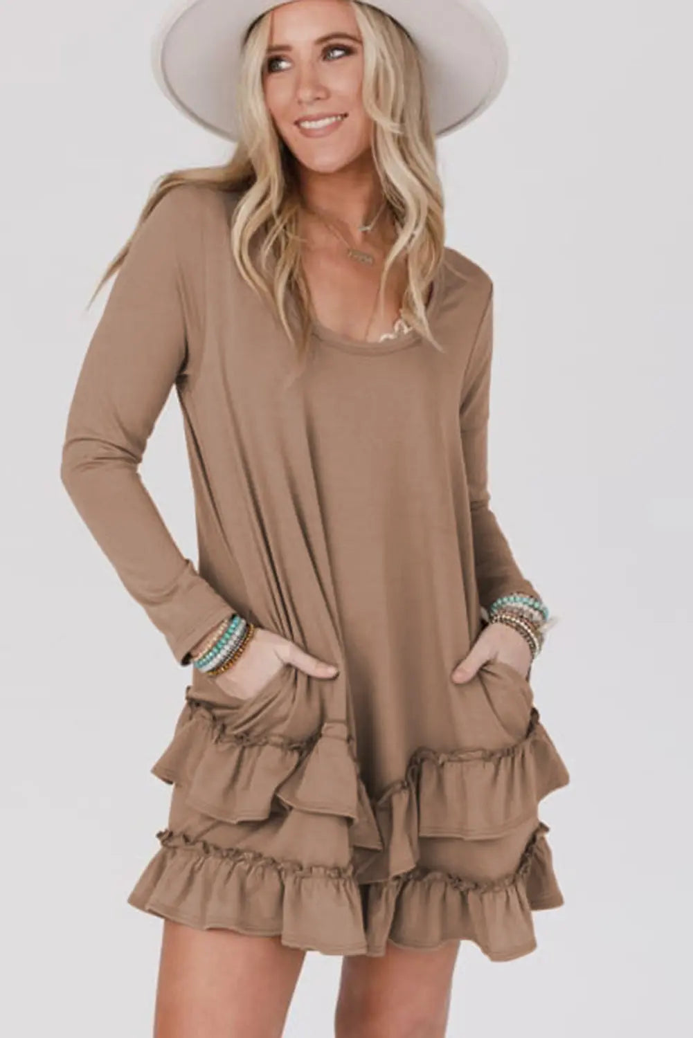 Goat Scoop Neck Tiered Ruffled Hem Long Sleeve Mini Dress Beagle Boutique Fashion Outlet