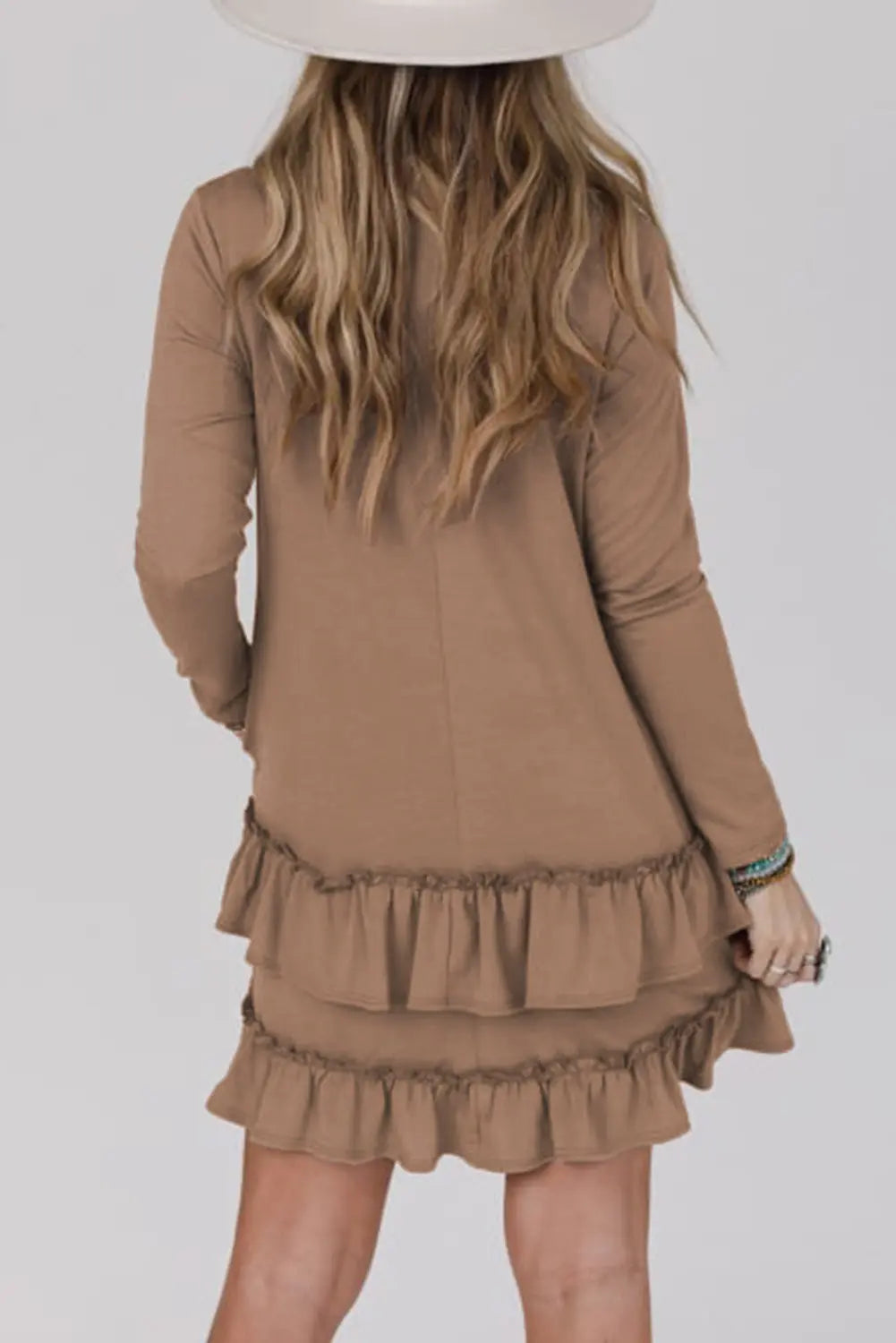 Goat Scoop Neck Tiered Ruffled Hem Long Sleeve Mini Dress Beagle Boutique Fashion Outlet