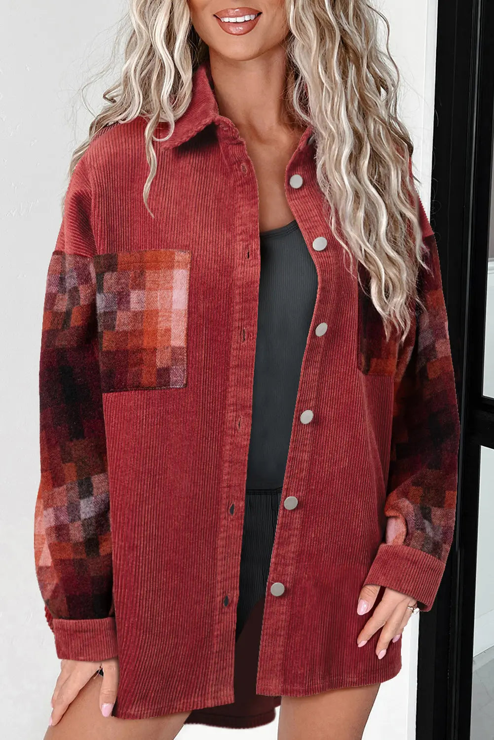 Gold Flame Checker Patchwork Raw Edge Oversized Corduroy Jacket - eAura