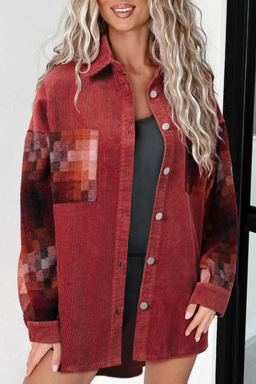 Gold Flame Checker Patchwork Raw Edge Oversized Corduroy Jacket - eAura