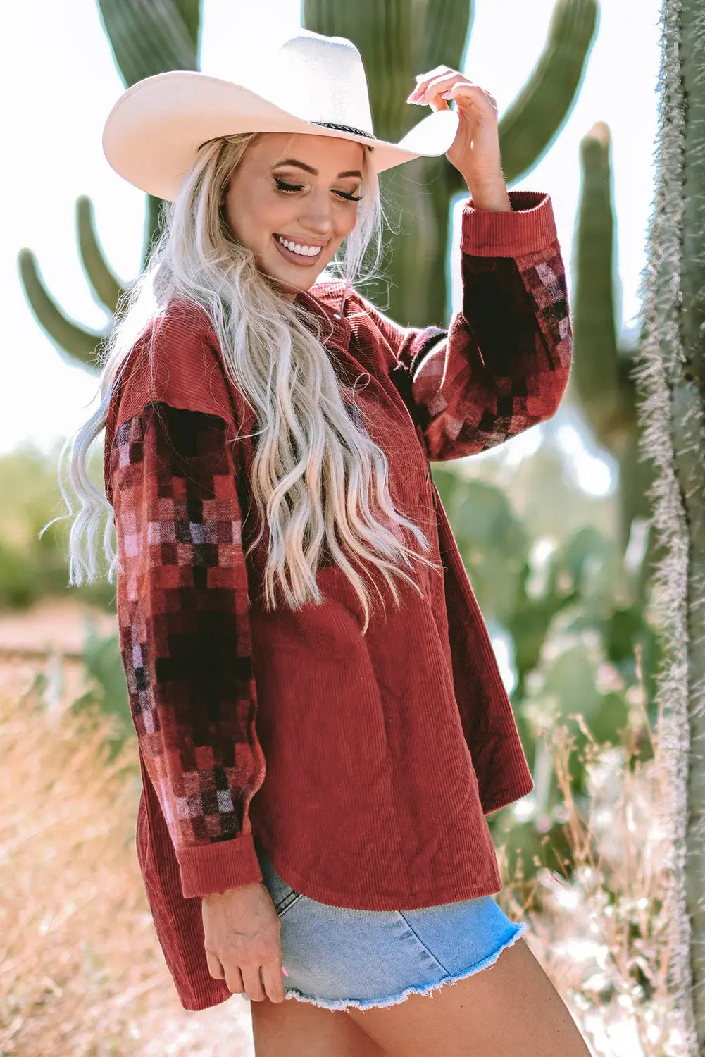 Gold Flame Checker Patchwork Raw Edge Oversized Corduroy Jacket - eAura