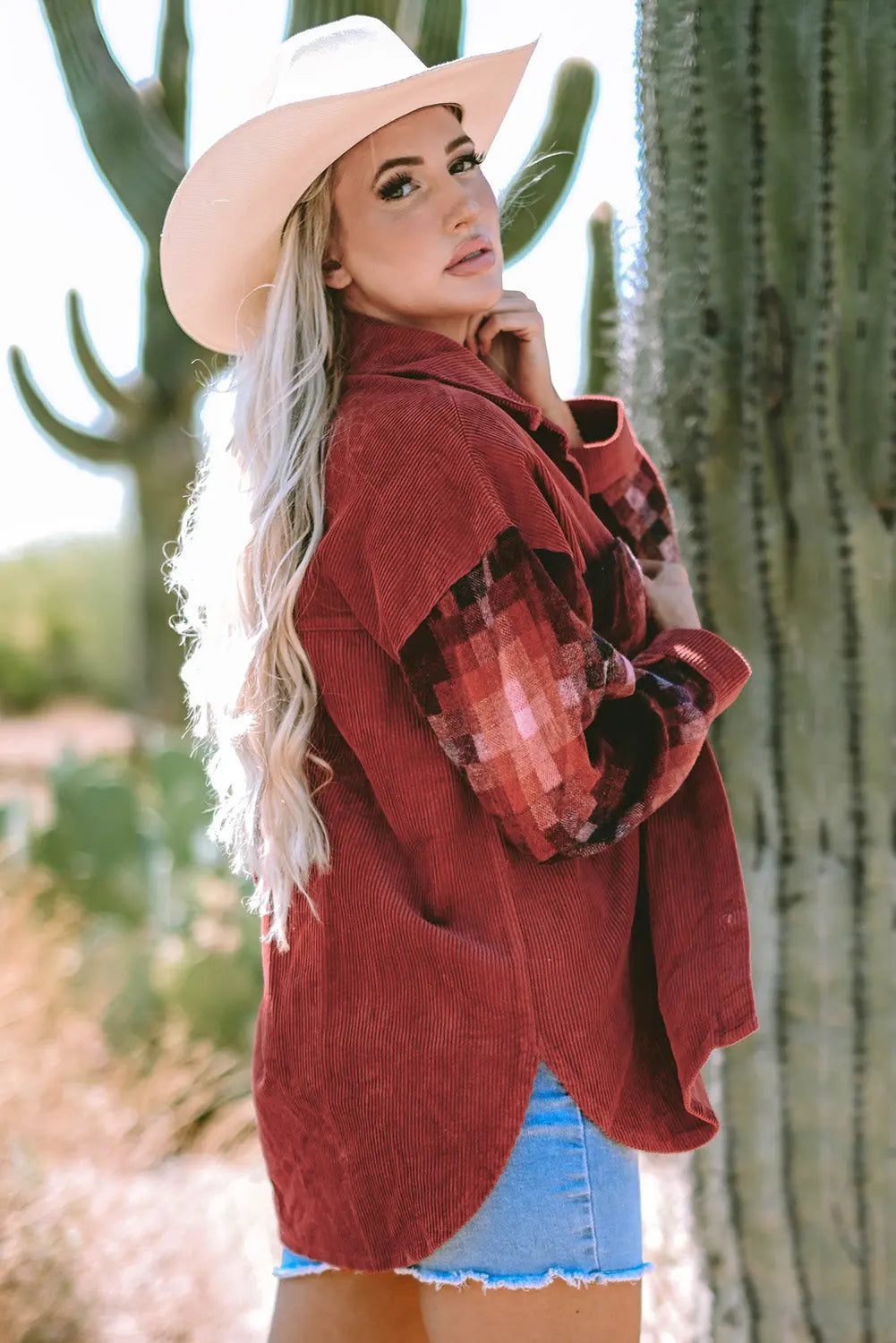 Gold Flame Checker Patchwork Raw Edge Oversized Corduroy Jacket - eAura