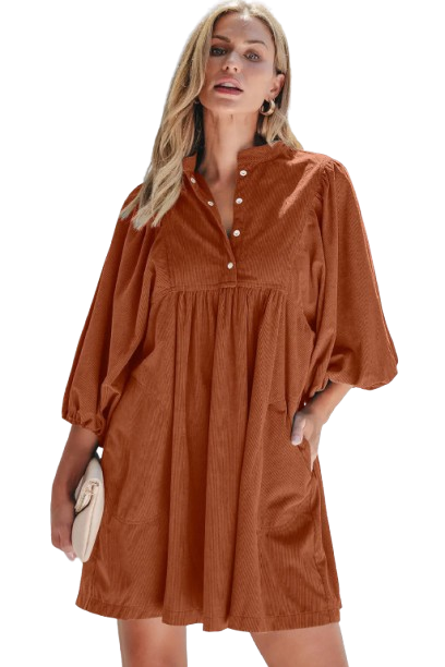 Gold Flame Corduroy Snap Buttons Empire Waist Bracelet Sleeve Dress - eAura