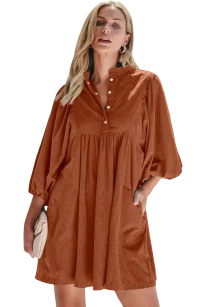 Shop Ribbed Snap Buttons Empire Waist Bracelet Sleeve Dress at eAura