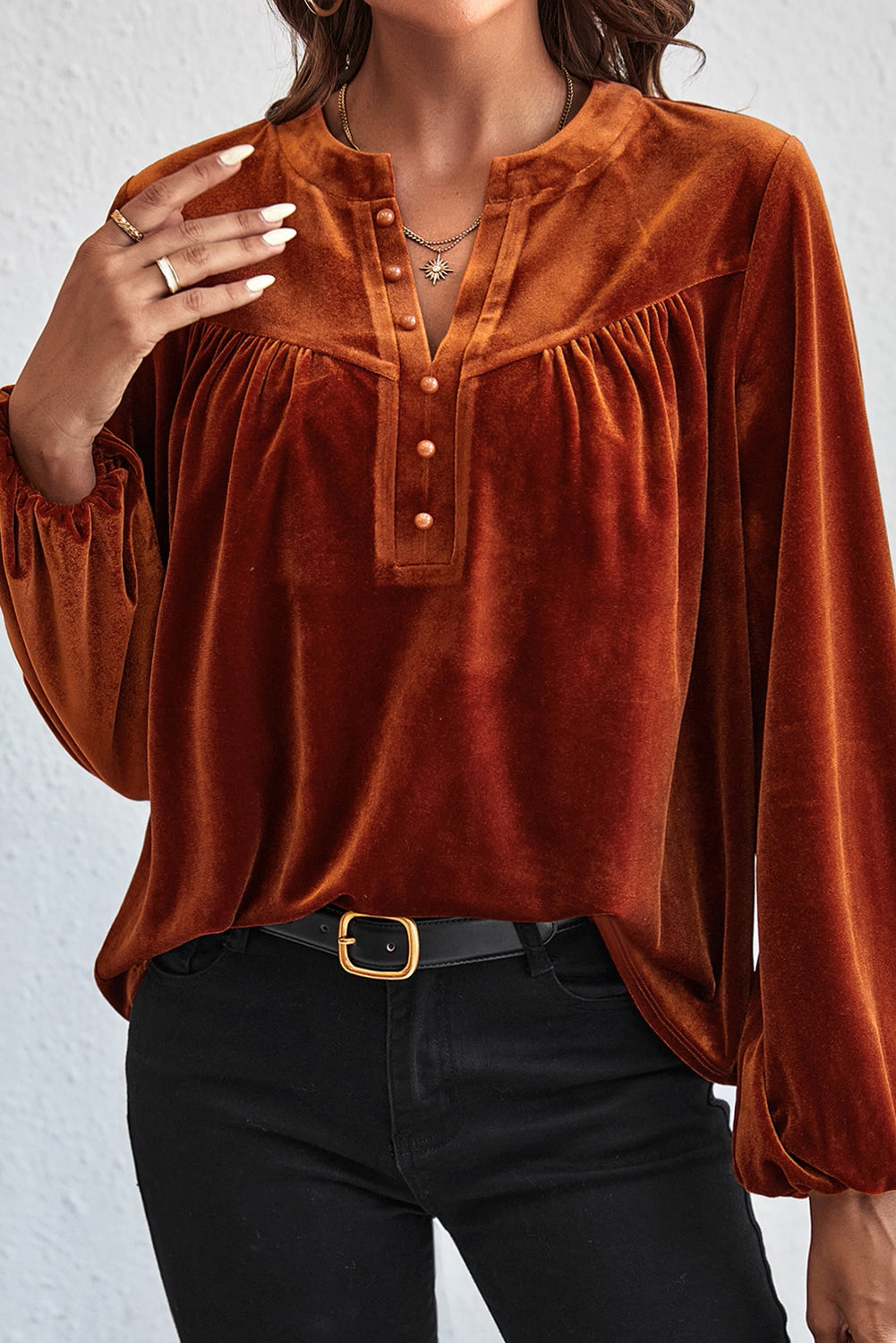 Gold Flame Lantern Sleeve Beaded Split V Neck Velvet Top - eAura