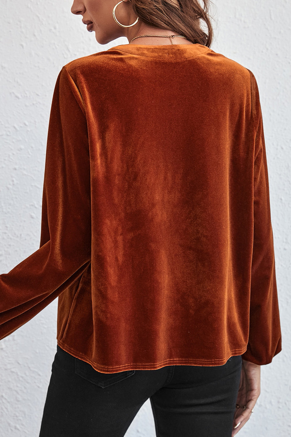 Gold Flame Lantern Sleeve Beaded Split V Neck Velvet Top - eAura