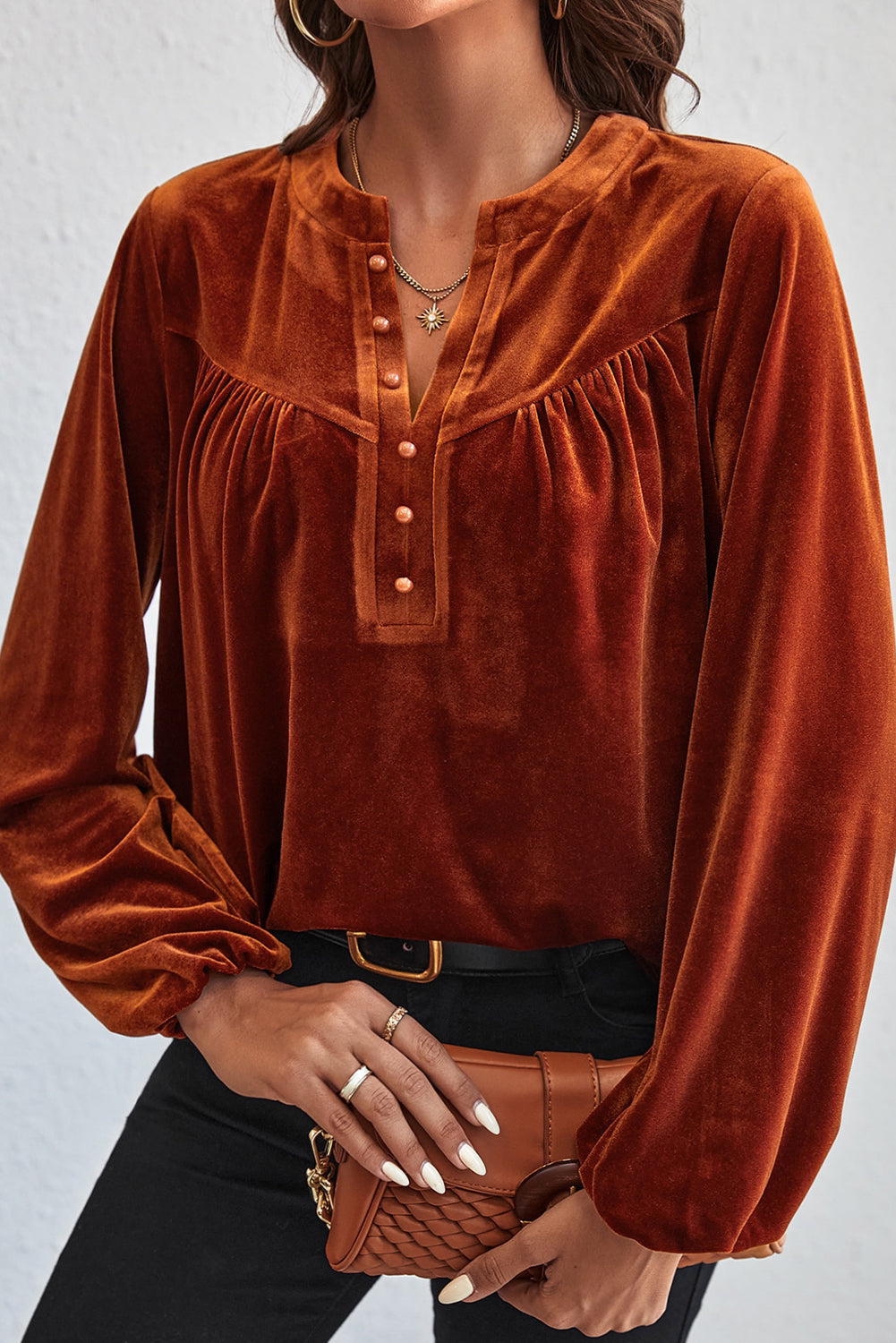 Gold Flame Lantern Sleeve Beaded Split V Neck Velvet Top - eAura