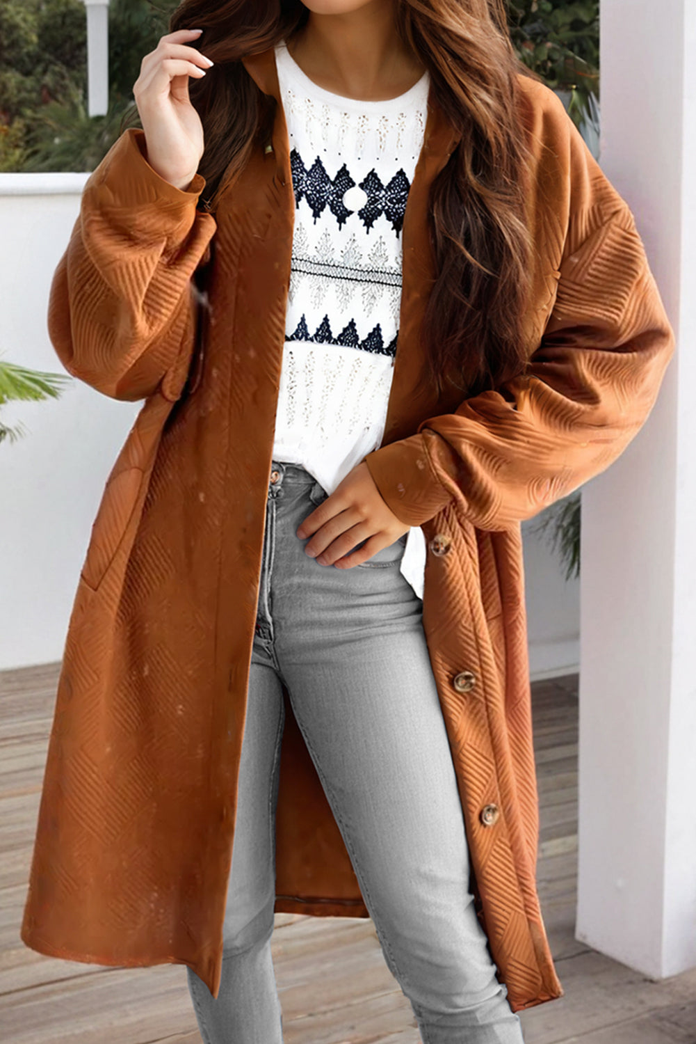Gold Flame Textured Collared Drop Shoulder Buttoned Front Duster Coat - GOLD FLAME / S / 97% POLYESTER + 3% ELASTANE