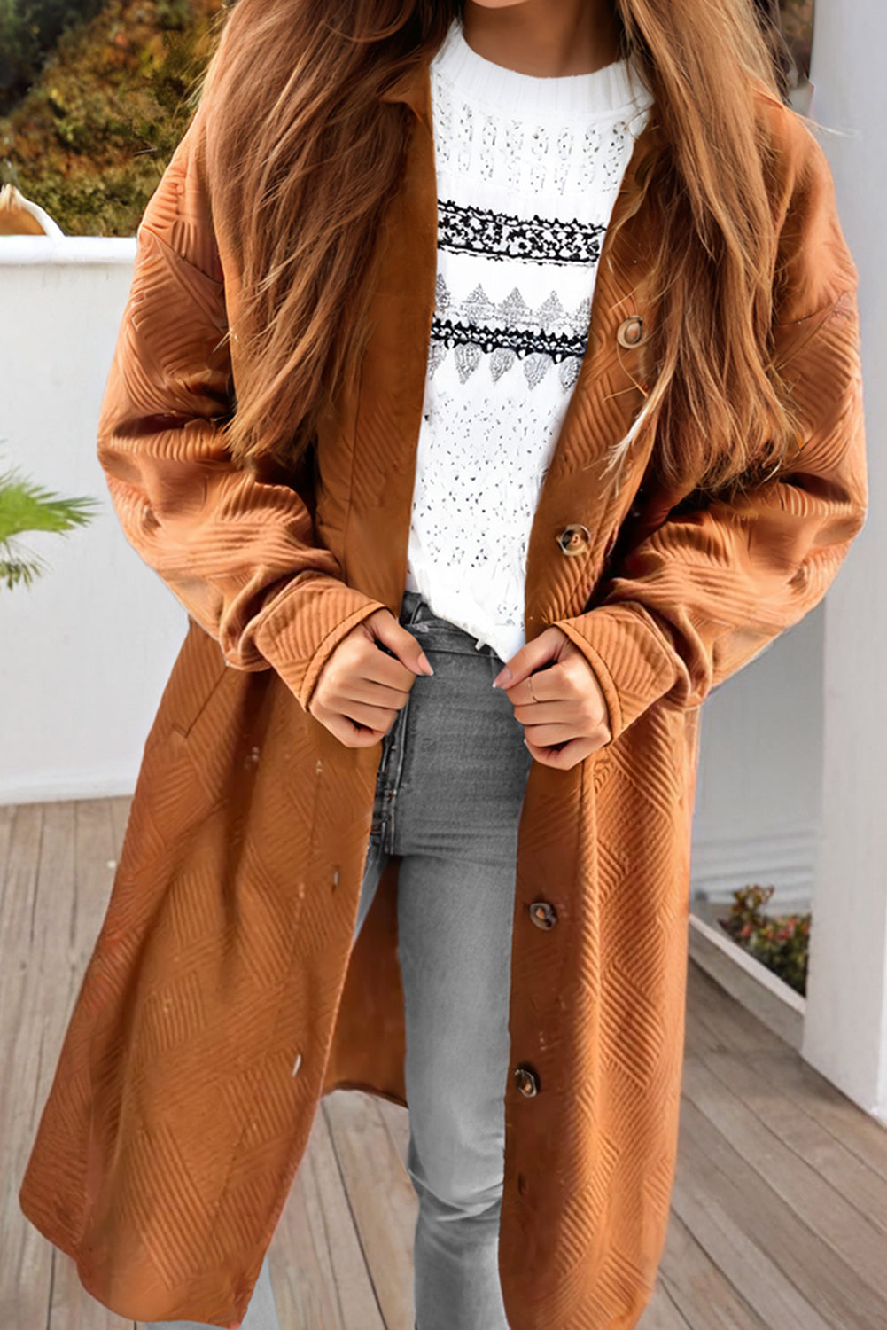 Gold Flame Textured Collared Drop Shoulder Buttoned Front Duster Coat - Outerwear/Coats