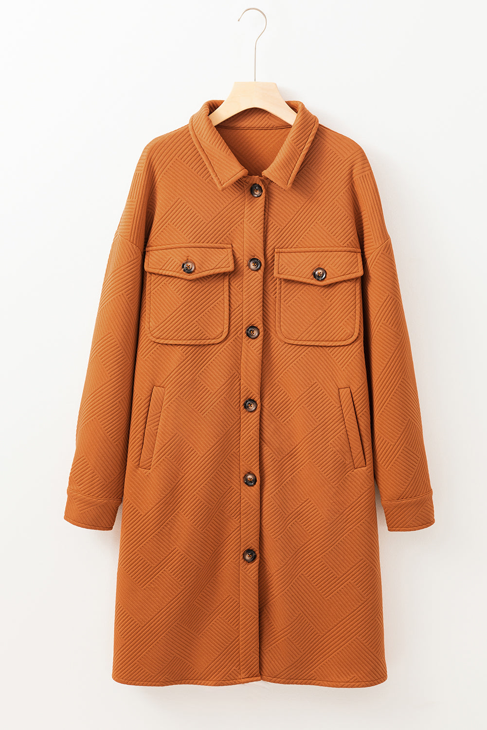 Gold Flame Textured Collared Drop Shoulder Buttoned Front Duster Coat - Outerwear/Coats