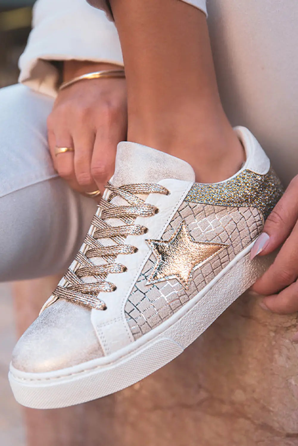Gold Glitter Star Patchwork PU Leather Lace-up Trainers - eAura