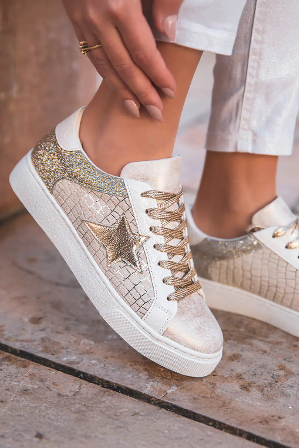 Gold Glitter Star Patchwork PU Leather Lace-up Trainers - eAura